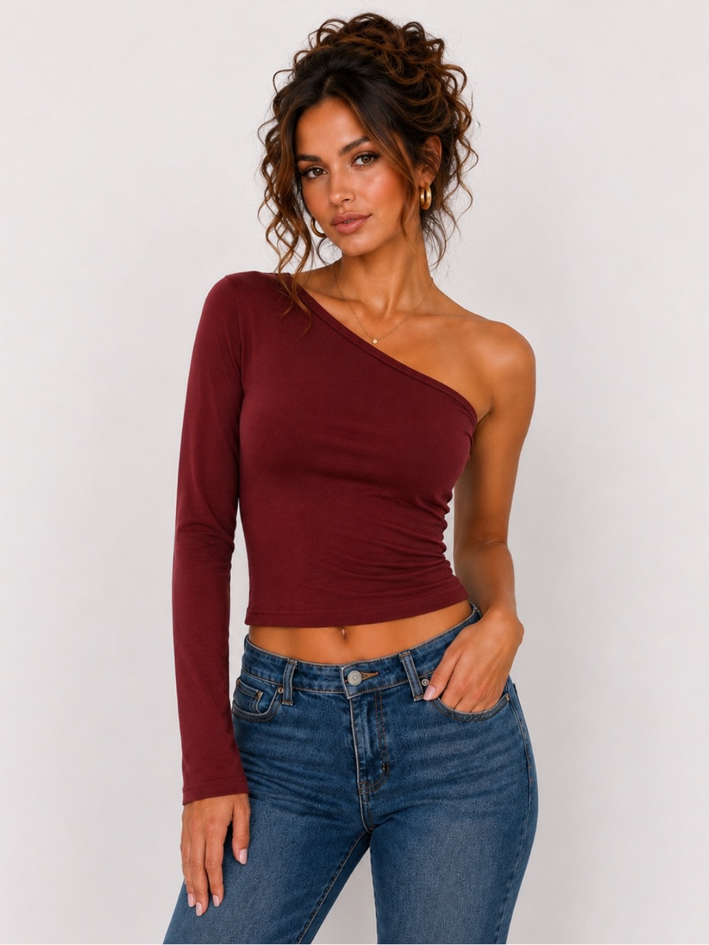 One Shoulder Long Sleeve Pink Top